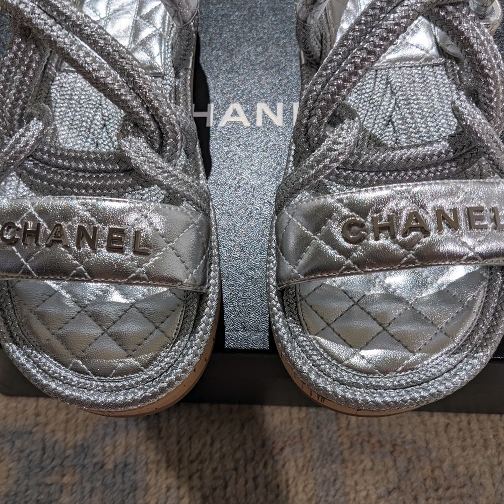 🎁SOLD CHANEL🤩20S CC Lambskin Cord Rope Logo Dad Sandals in Silver Sz 39 - Picture 6 of 16